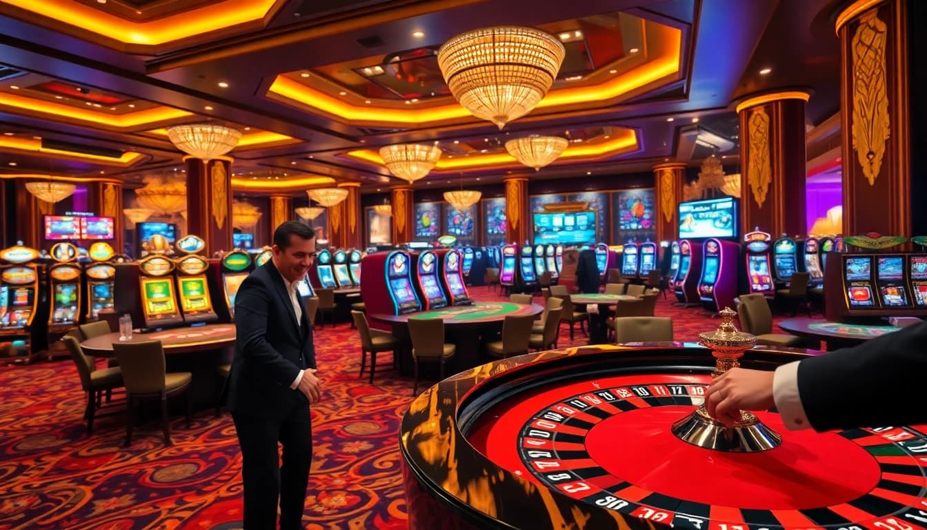 Experience the excitement of 9 BET with vibrant casino tables and high-stakes games in an elegant setting.