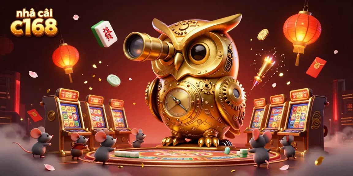 Experience the excitement at nhà cái c168 with our animated casino scene featuring a golden owl and lively slot machines.
