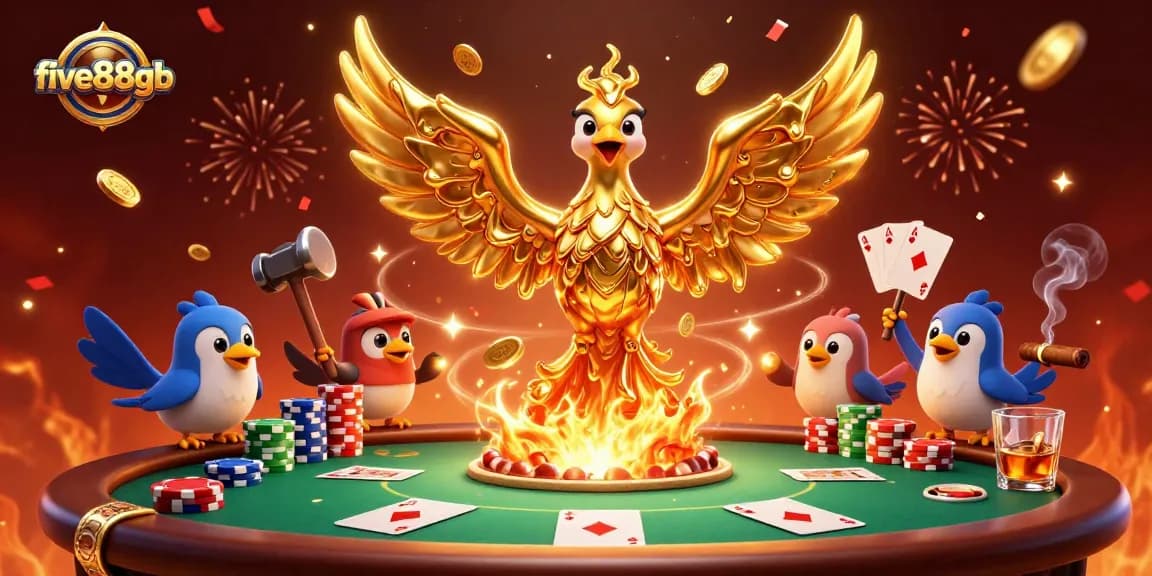 Engage with five88gb using vibrant 3D illustrations showcasing dynamic poker elements and a golden phoenix theme.