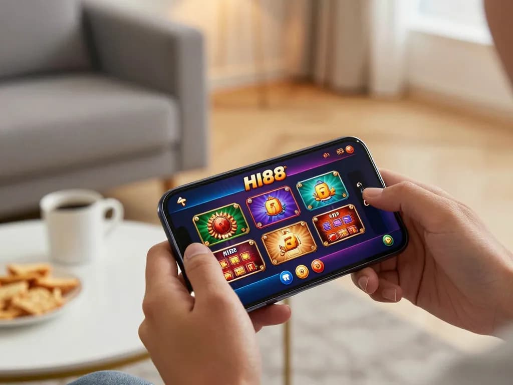 hi88 đăng nhập through mobile device showcasing vibrant online casino gameplay in a cozy home setting.