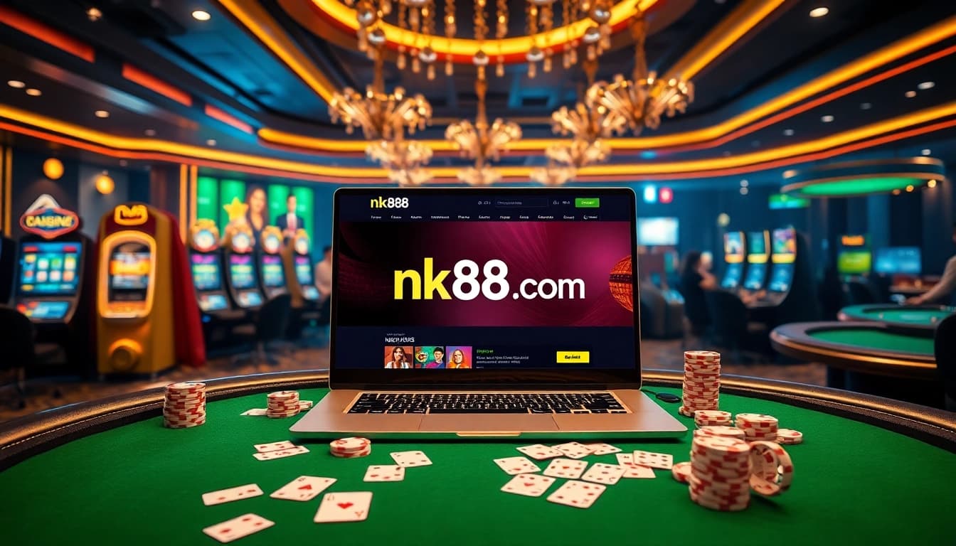 Players engaging with the nk88.com interface amidst a glamorous casino setting.