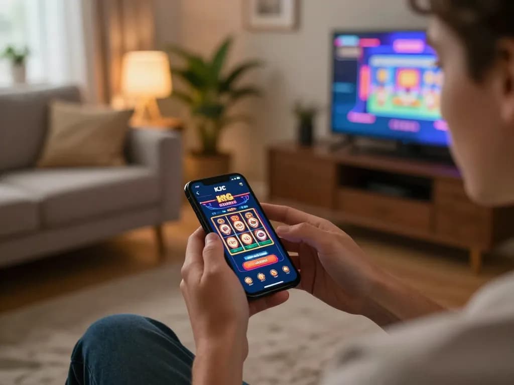 KJC gaming on a smartphone in a cozy home setup with engaging casino games.