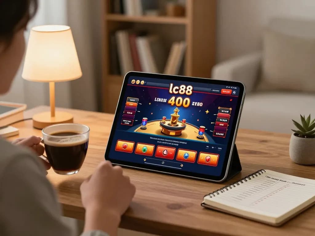 Enjoying a cozy home session of lc88 casino gaming on a tablet while sipping coffee.