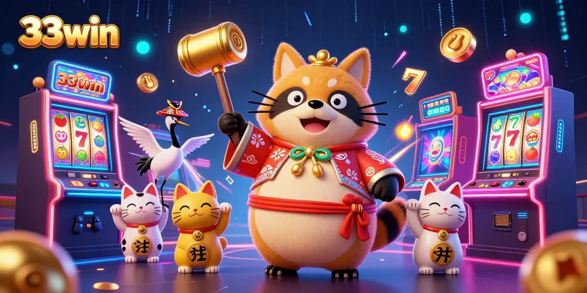 Experience thrill with 33win as cheerful tanuki unlocks winning jackpots and prizes surrounded by festive elements.