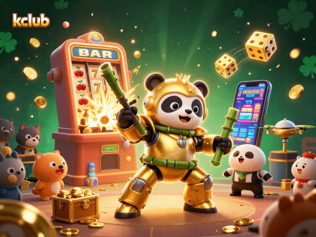Experience thrilling gaming action at kclub with vibrant 3D visuals, slot machine excitement, and animated characters.