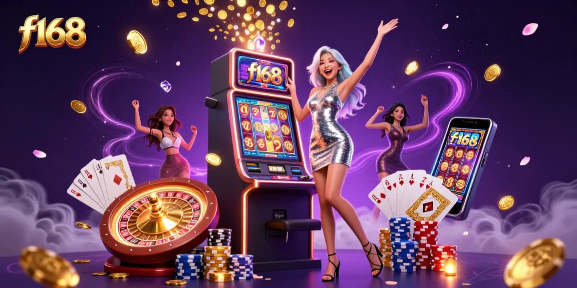 Spin and win with F168, showcasing a celebratory Asian woman at a jackpot slot machine