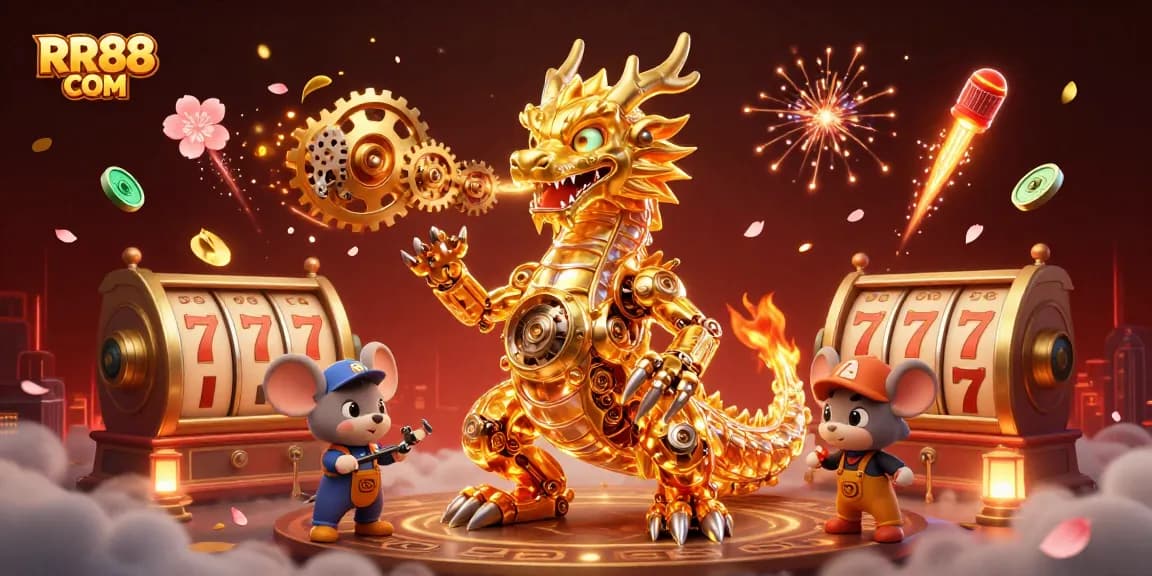 Experience the excitement of RR88 COM with a golden dragon and slot reels in a vibrant casino setting.
