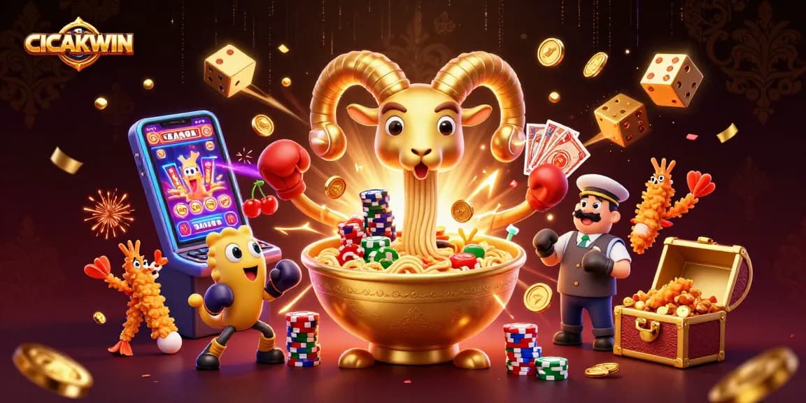 CICAKWIN delivers the thrill of jackpots as a giant ramen bowl character deals cards amidst dynamic slot machine action.