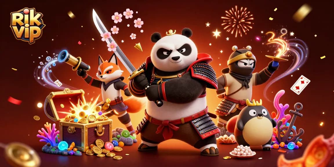 Experience epic wins at rik vip with vibrant gaming scenes featuring samurai panda and ninja fox.