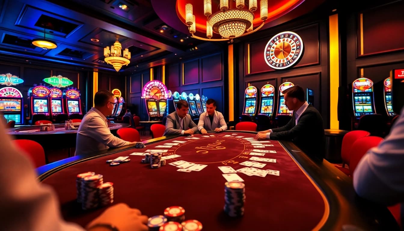 Exciting scene at 789pcenter.it.com with players engaging at a high-stakes poker table surrounded by casino games and neon lights.