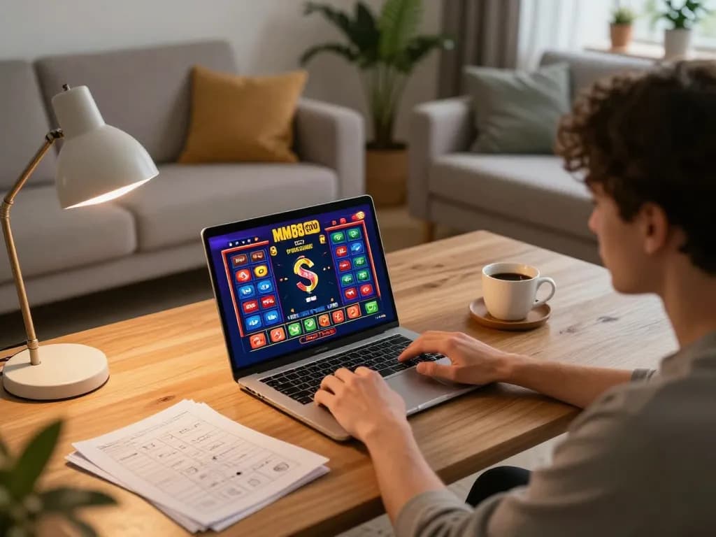 Player engaged with MM88 COM's online casino on their laptop, highlighting a cozy home gaming setup.