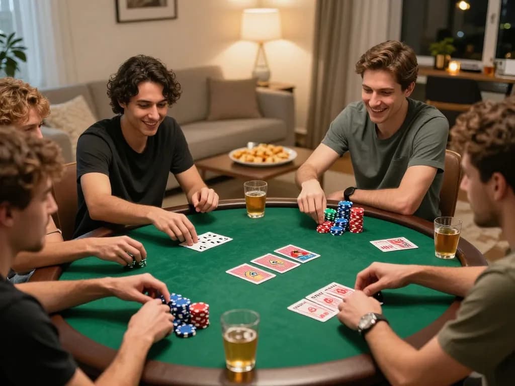 Friends enjoying an exciting poker night at home with MMLive app integration for interactive gaming.