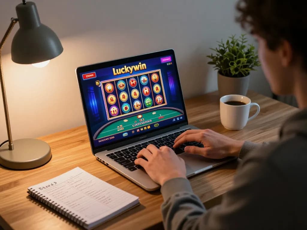 Engaged player using luckywin casino platform on laptop, showcasing strategic gameplay in cozy home setup.