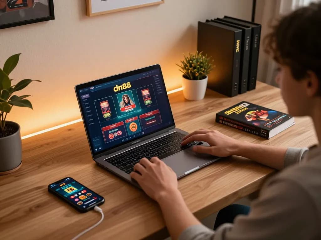 Player engaged in dn88 online casino gaming with laptop and strategy notes in cozy setup.