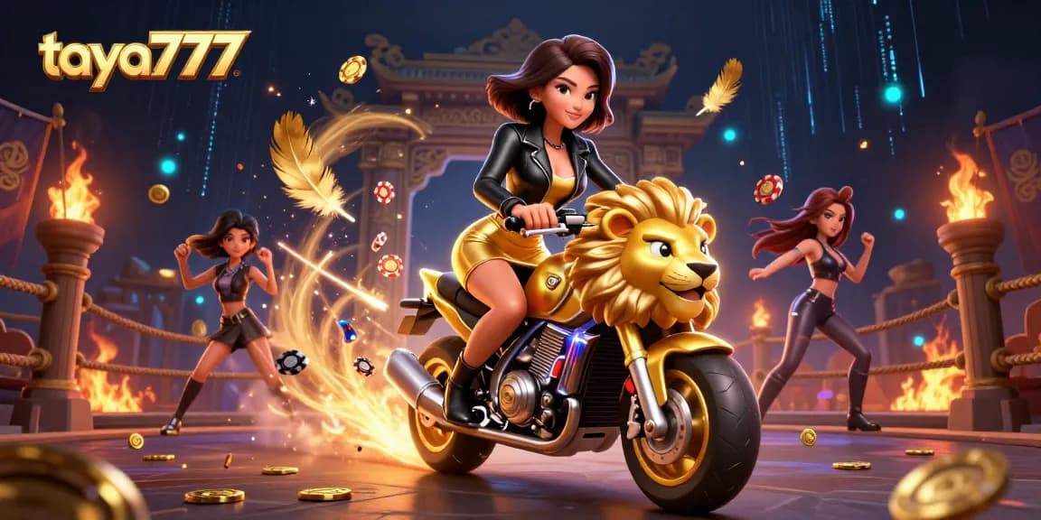 Taya777 offers vibrant gameplay featuring an Asian woman riding a golden lion mascot among casino elements.