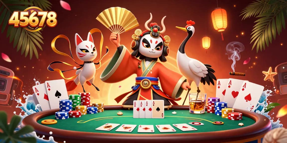 Experience thrilling poker action with 45678's vibrant 3D illustration featuring dynamic characters and elements.