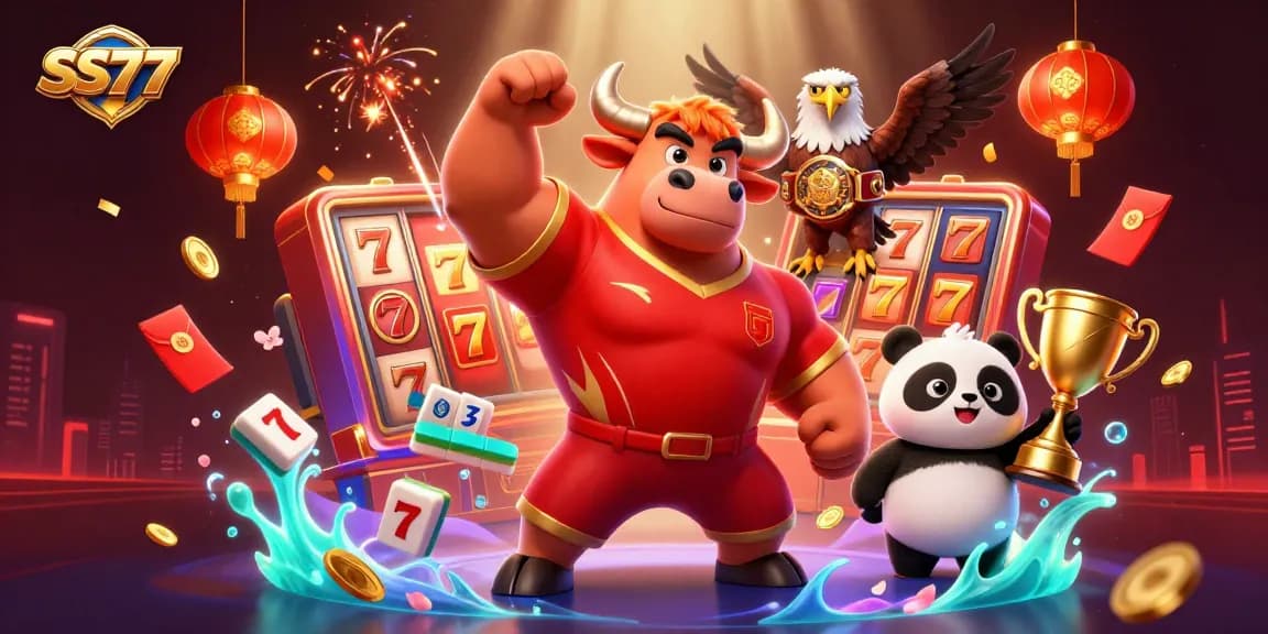 Experience the thrill of SS777 with dynamic slot reels, a victorious bull mascot, and festive gaming elements.