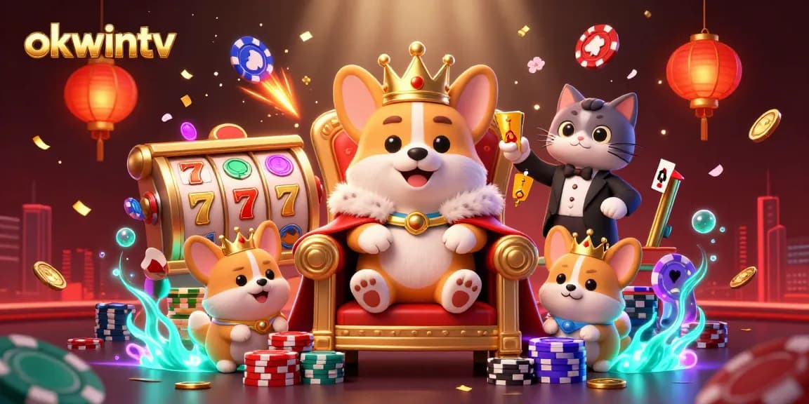 Engage in exciting gaming with okwintv showcasing a royal corgi on a throne of poker chips.
