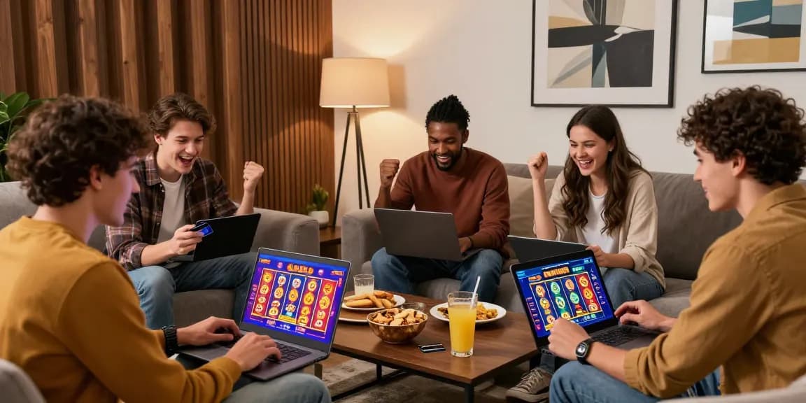 Friends enjoying a credit card casino experience in a modern living room filled with excitement and gaming action.