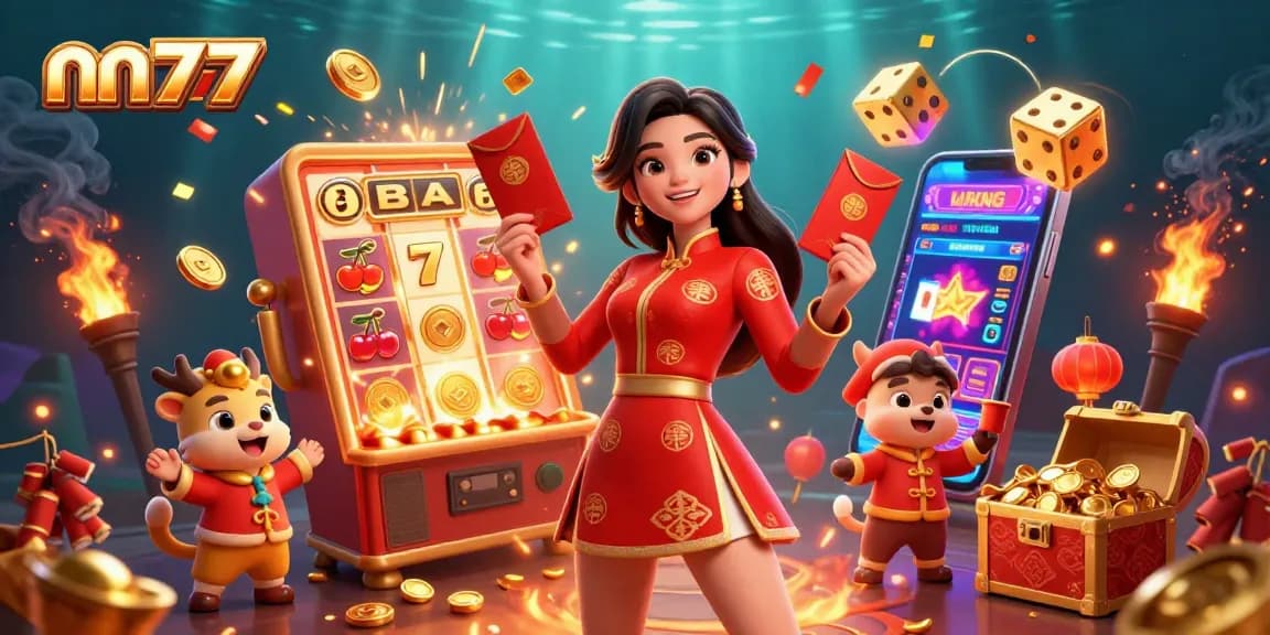 Experience thrill at nn777 with an exciting scene of vibrant characters and casino elements.