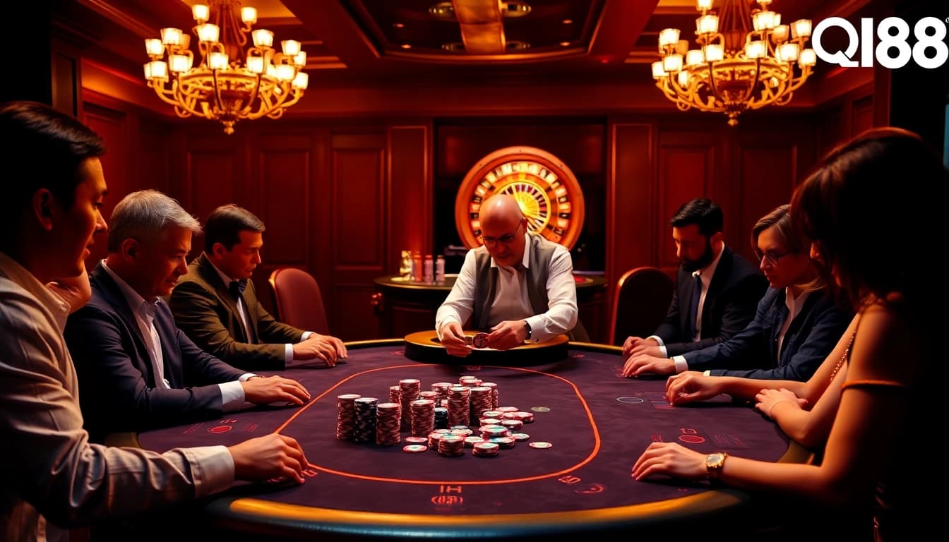 High-stakes poker action at qh88 casino, featuring exciting gameplay and vibrant atmosphere.