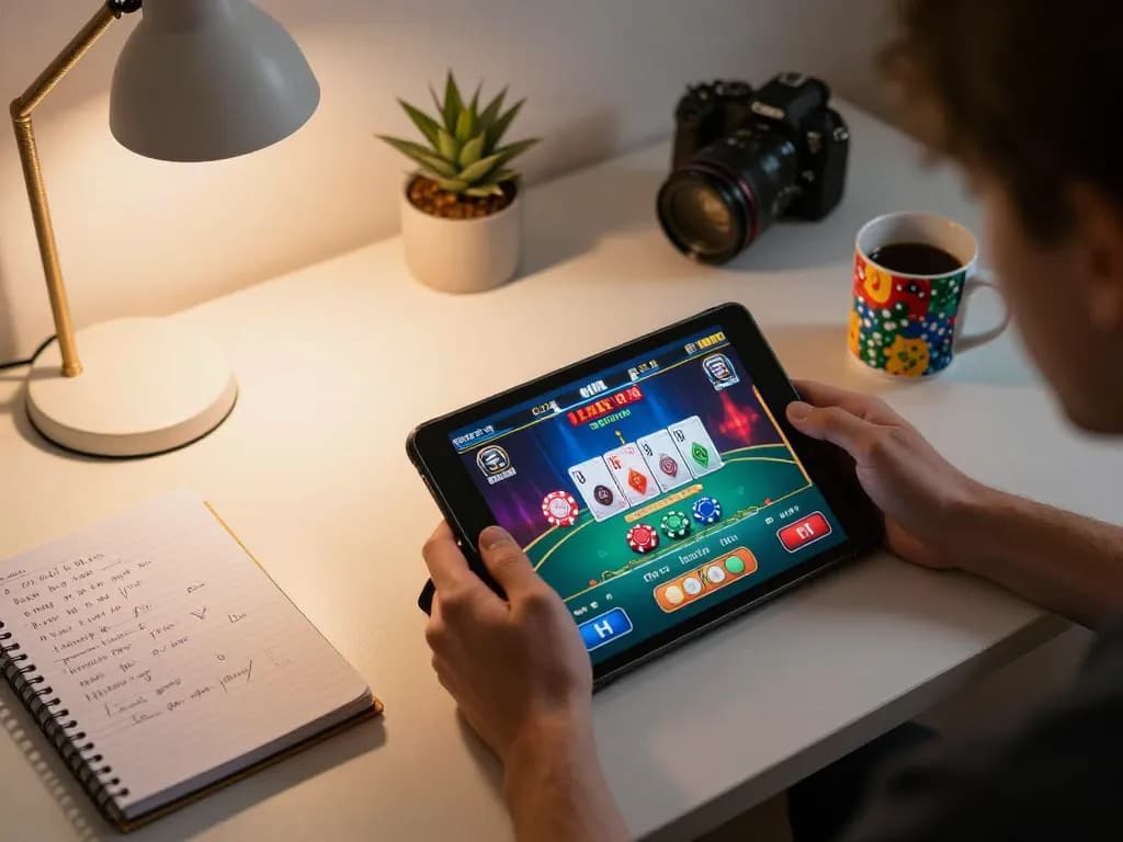 Engaging in strategic online casino gaming with god55 on a tablet, vibrant gameplay atmosphere