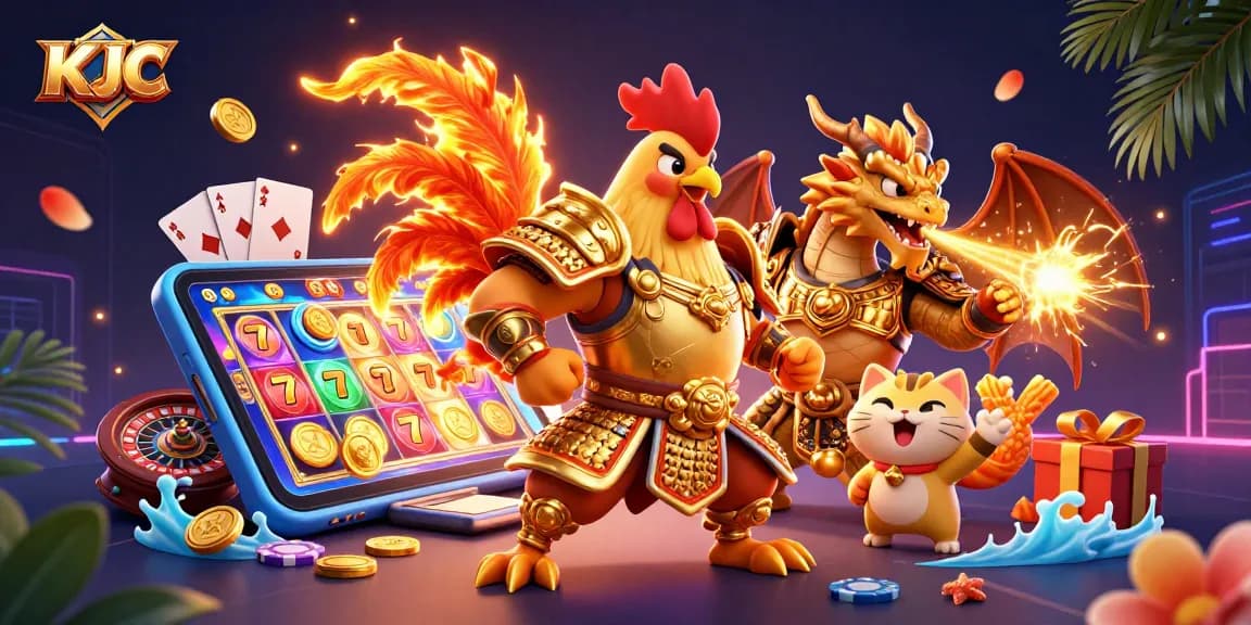 KJC players enjoy thrilling slot games in a vibrant, dynamic casino scene featuring a rooster warrior and dragon.