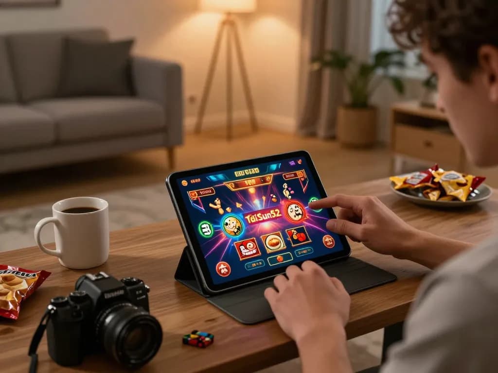 Tải Sun52 app on tablet shows vibrant casino game action, engaging user at home.