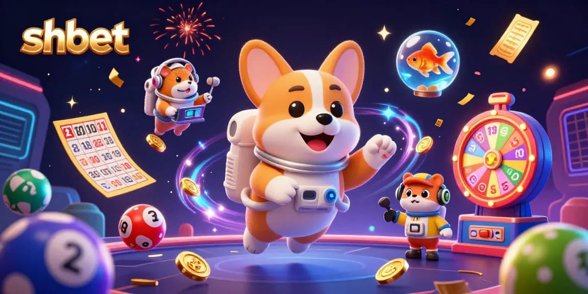 Watch the shbet astronaut corgi float in a vibrant casino scene with colorful lottery elements!