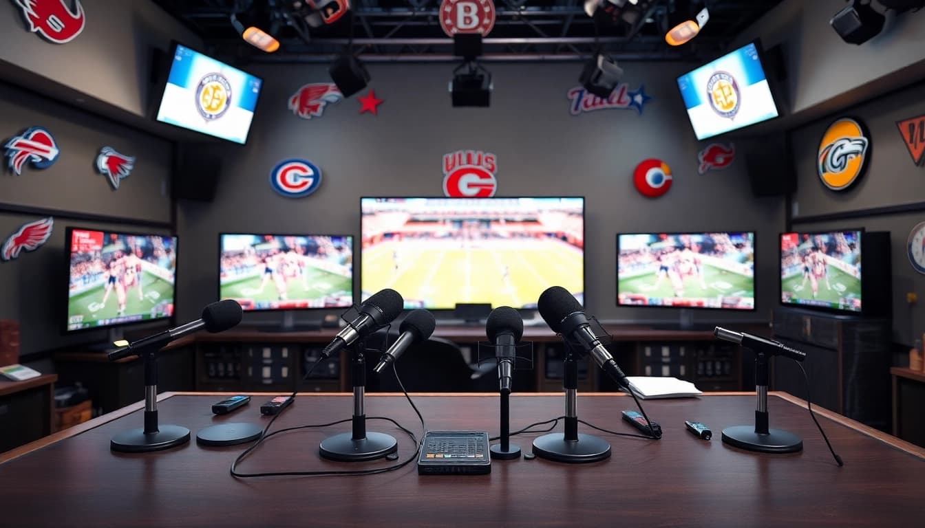 Engaging sports broadcasting studio showcasing hosts discussing live sports events.