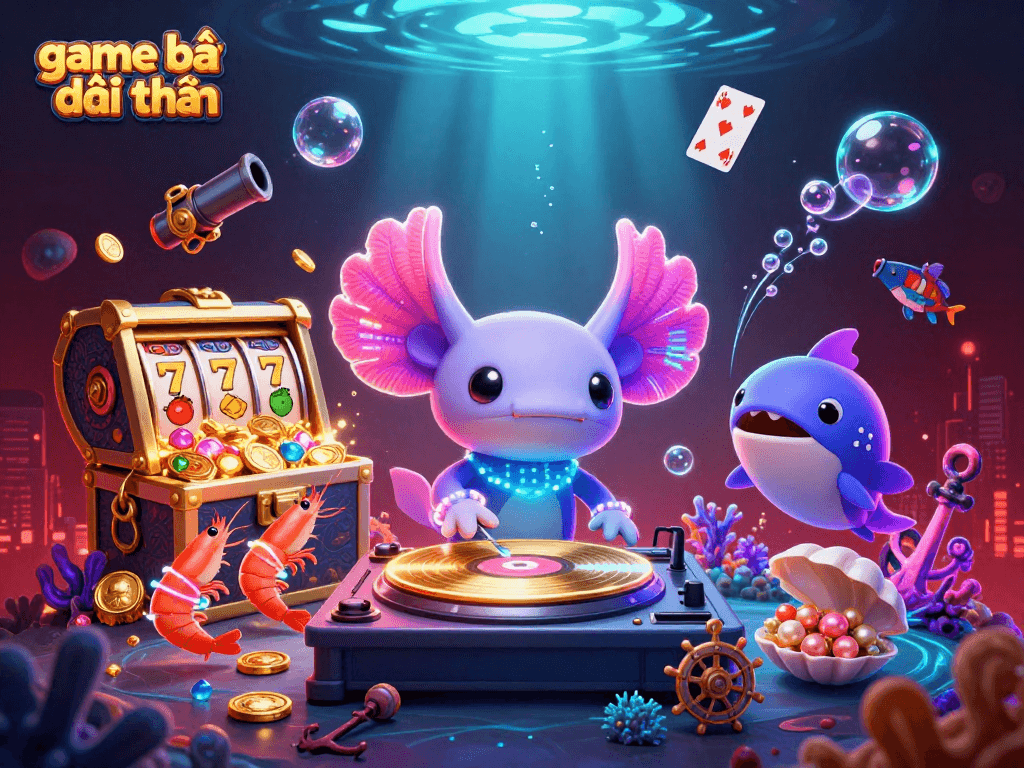 Experience the excitement of game bài đổi thưởng as an axolotl DJ spins vibrant slots amidst underwater treasures.