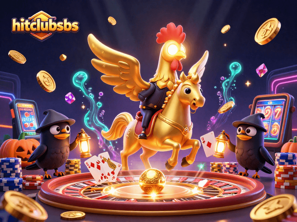 Experience the thrill of hitclubsbs with vibrant games and golden elements in this casino illustration.
