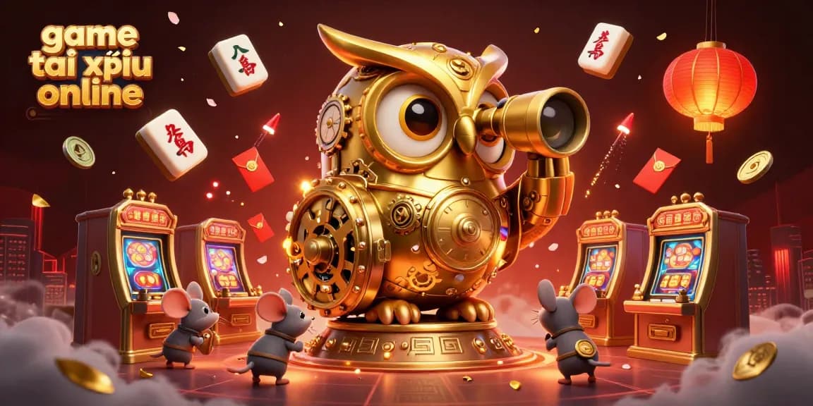 Engage in the excitement of game tài xỉu online as a golden owl oversees the casino, surrounded by festive elements.
