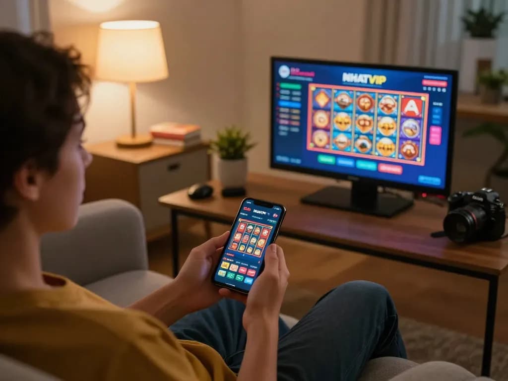 Navigating NHATVIP casino app on smartphone in a cozy home environment