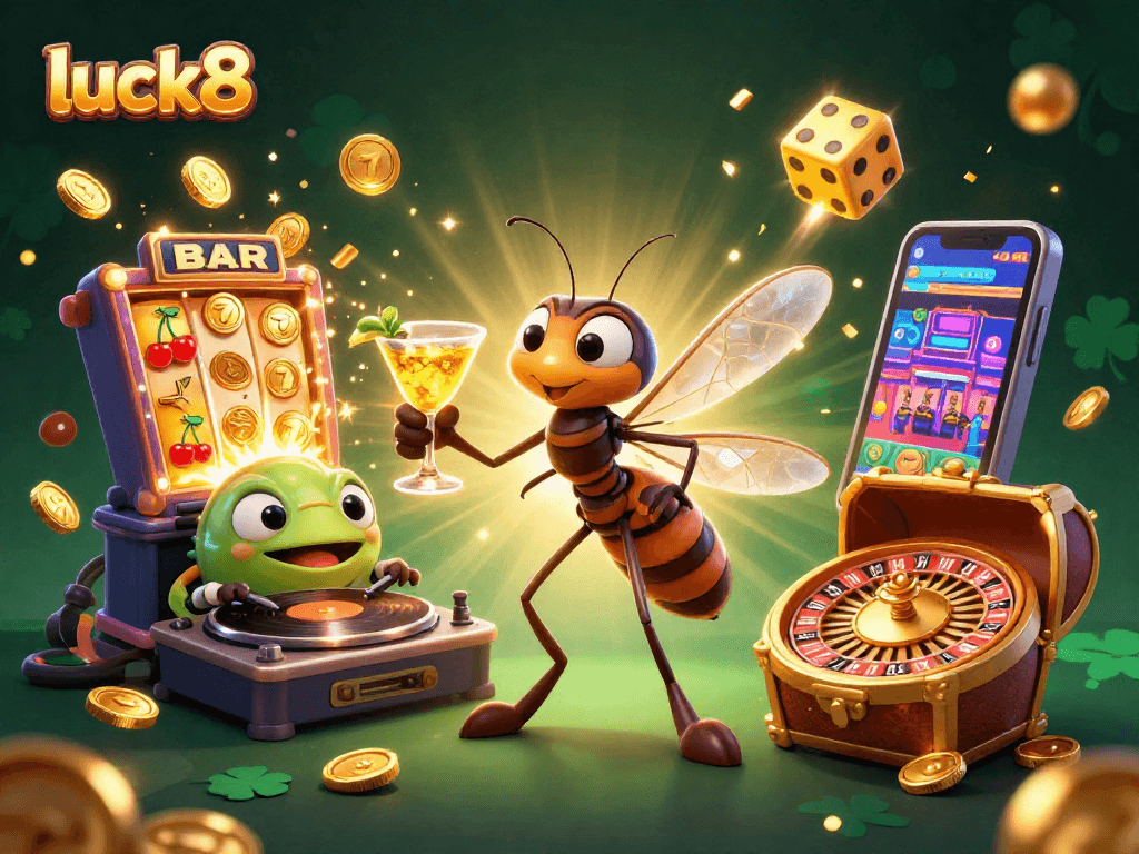Experience Luck8's exciting gaming universe with a vibrant casino scene featuring our animated mascot and thrilling elements.