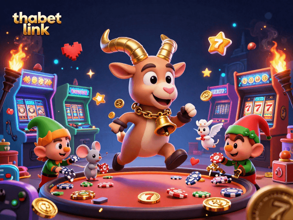Experience thrilling gameplay at thabet link with a festive casino scene featuring vibrant characters and gaming elements.