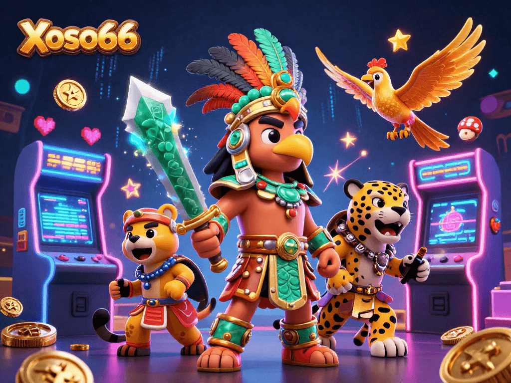 Xoso66 engages players with vibrant 3D cartoon warriors in a dynamic casino setting.