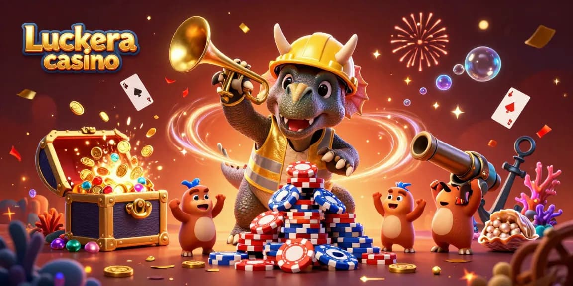 Celebrate winnings at Luckera casino with dynamic casino-themed 3D illustration full of engaging characters.