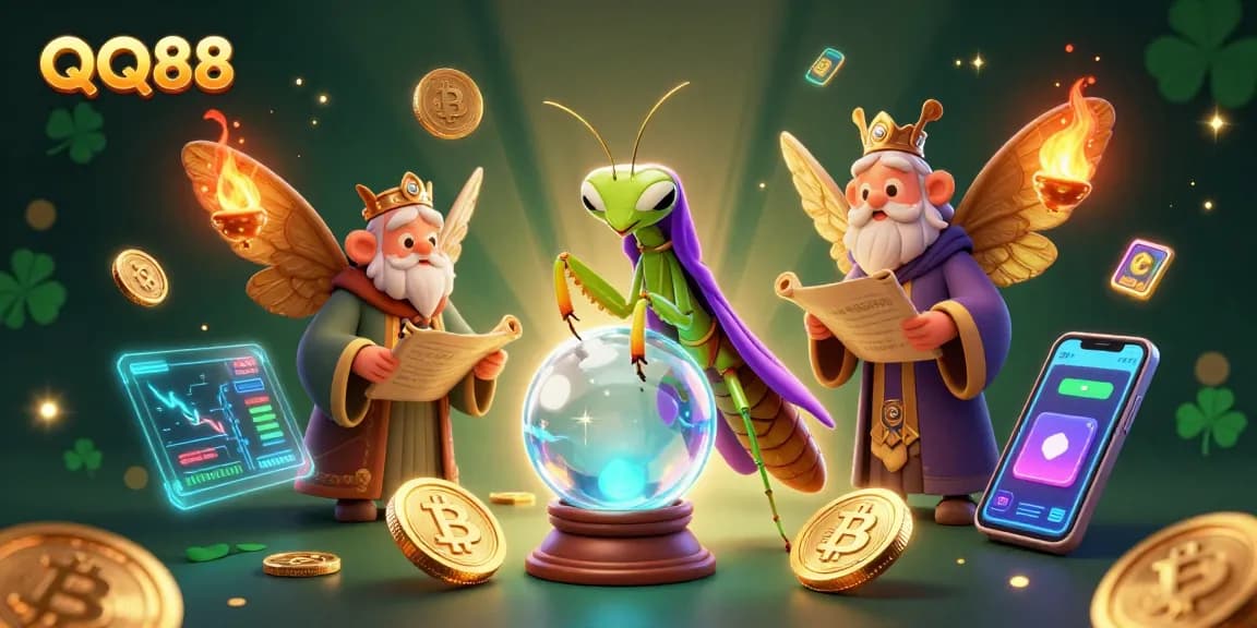 Play QQ88 with expert guidance from mystical characters in a vibrant casino scene.