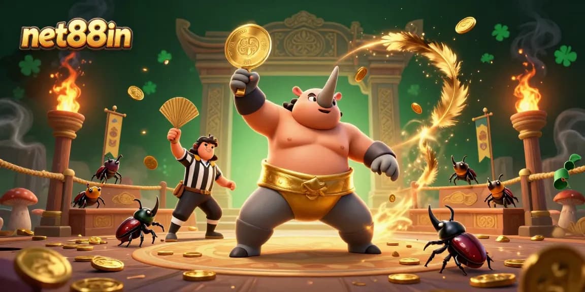 Experience exciting gameplay with net88in's vibrant casino scene featuring a sumo beetle champion.