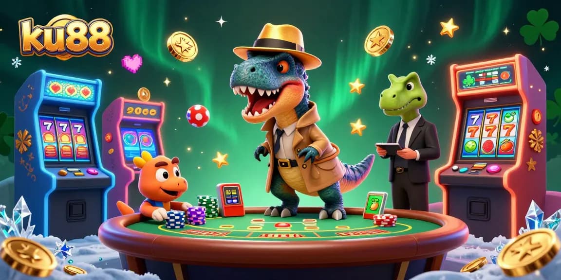 Interact with exciting gaming action at ku88's colorful casino scene featuring creative characters and vibrant elements.