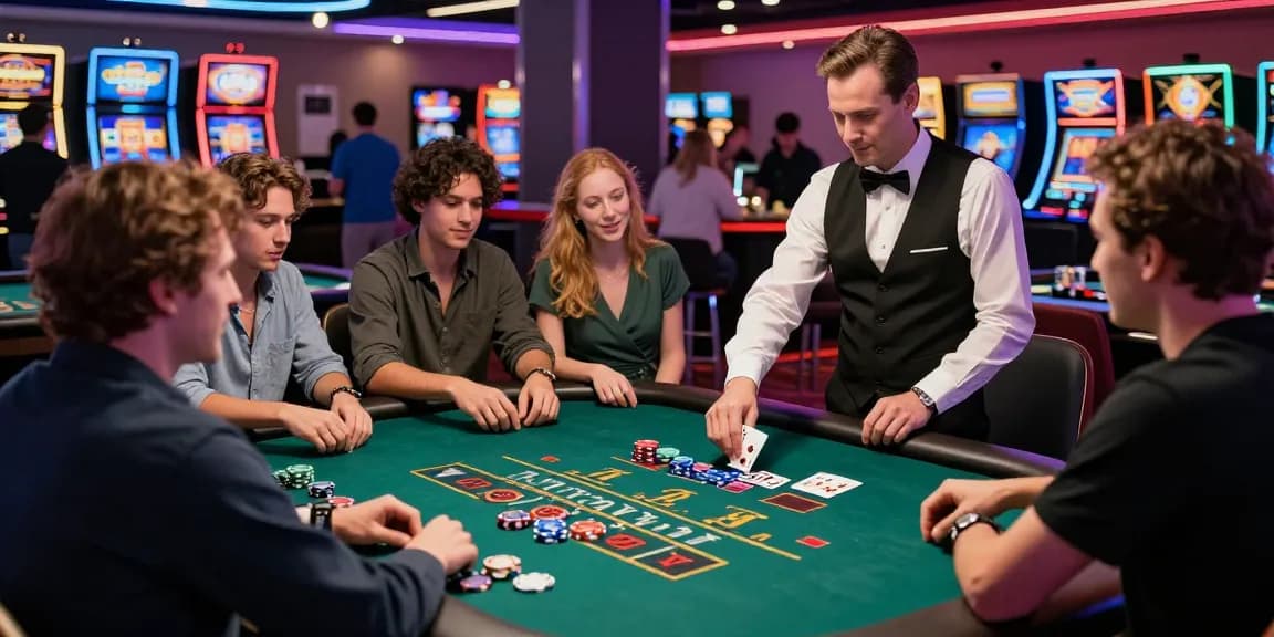 Exciting gambling scene at https://da88m7.com with players at a blackjack table, vibrant casino atmosphere.