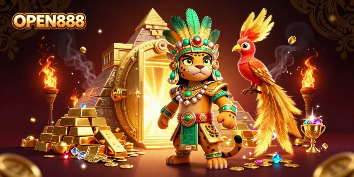 Engage with OPEN888’s vibrant casino scene featuring a Mayan jaguar priest and treasures.