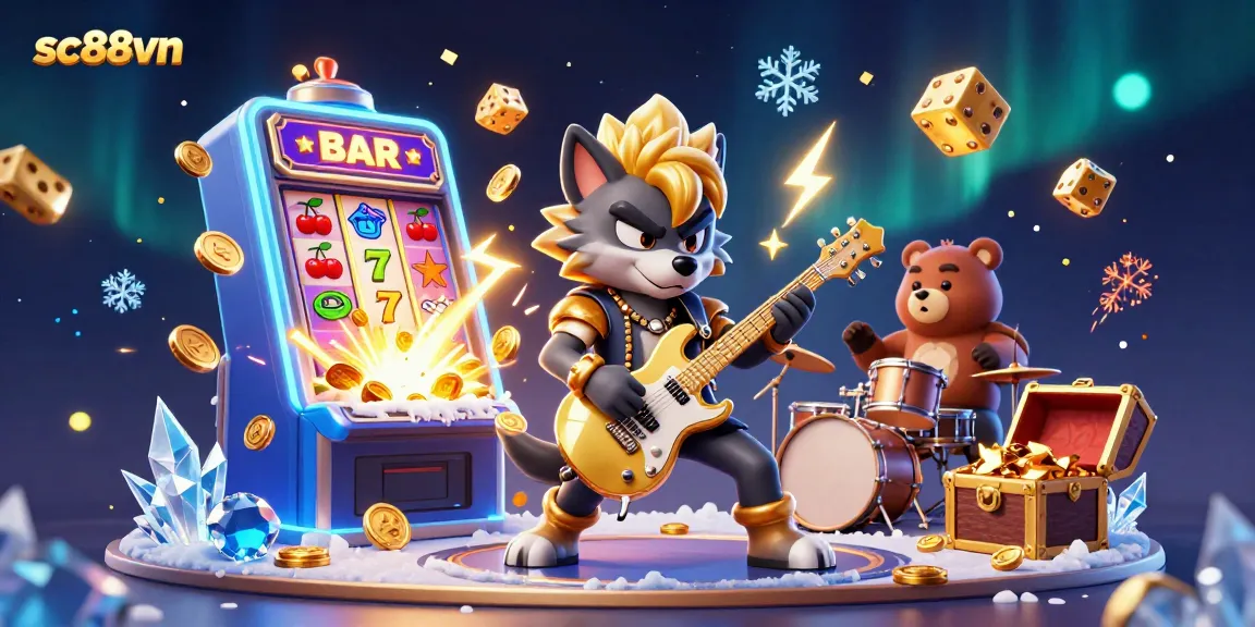 Experience thrilling gameplay at SC88VN with vibrant casino symbols exploding around rock star characters.