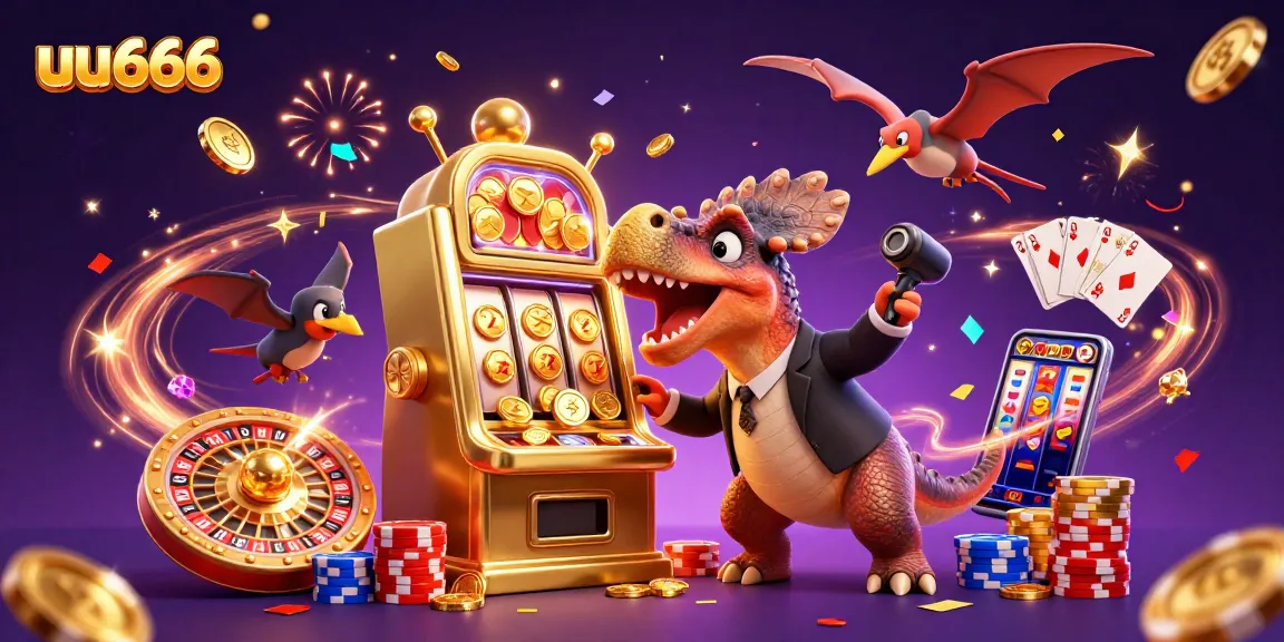 uu666 jackpot scene featuring vibrant dinosaurs, golden coins, and dynamic casino elements