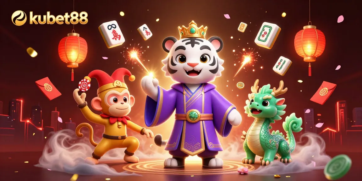 Engage with kubet88's vibrant 3D casino scene featuring a royal tiger, jester monkey, and jade dragon.