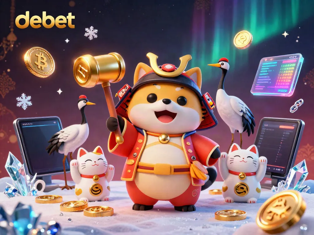 Experience debet's exciting gambling world with cheerful tanuki, samurai crane, and colorful fortune cats.