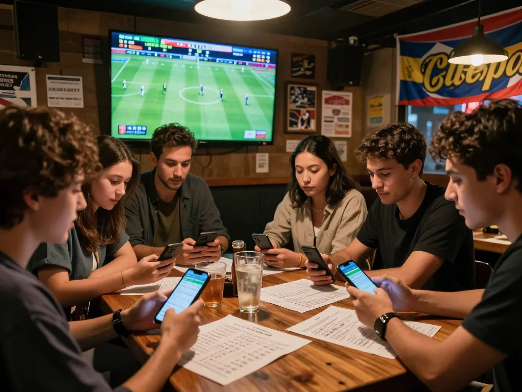 Tỷ lệ kèo nhà cái discussed among friends in sports bar during live match analysis.