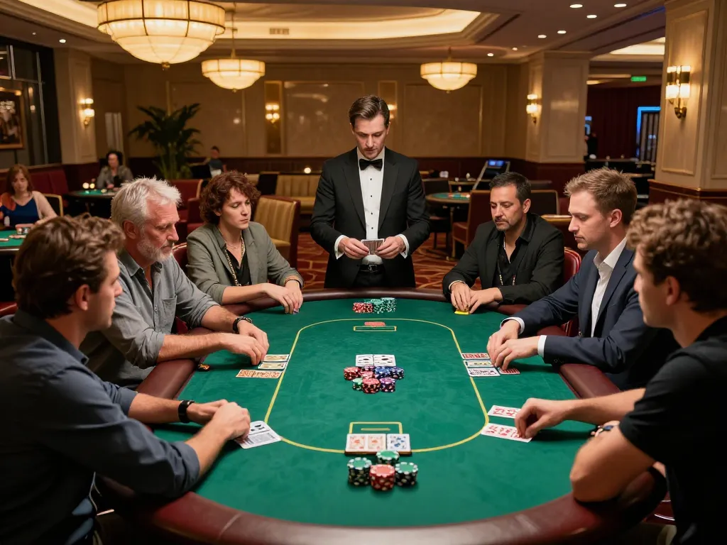 Players engaging in a competitive poker game at an upscale casino, showcasing max 79 strategic gameplay.