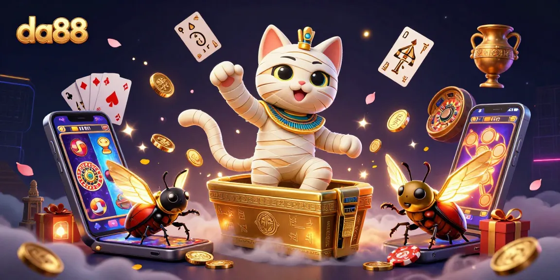 da88 brings excitement as a mummy cat and scarab beetle celebrate wins in a vibrant casino.